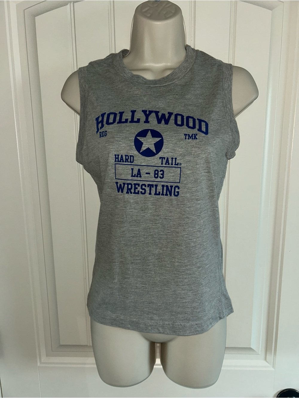 NEW Hard Tail Gray Muscle Tee with Blue Hollywood Wrestling Graphic Sz L